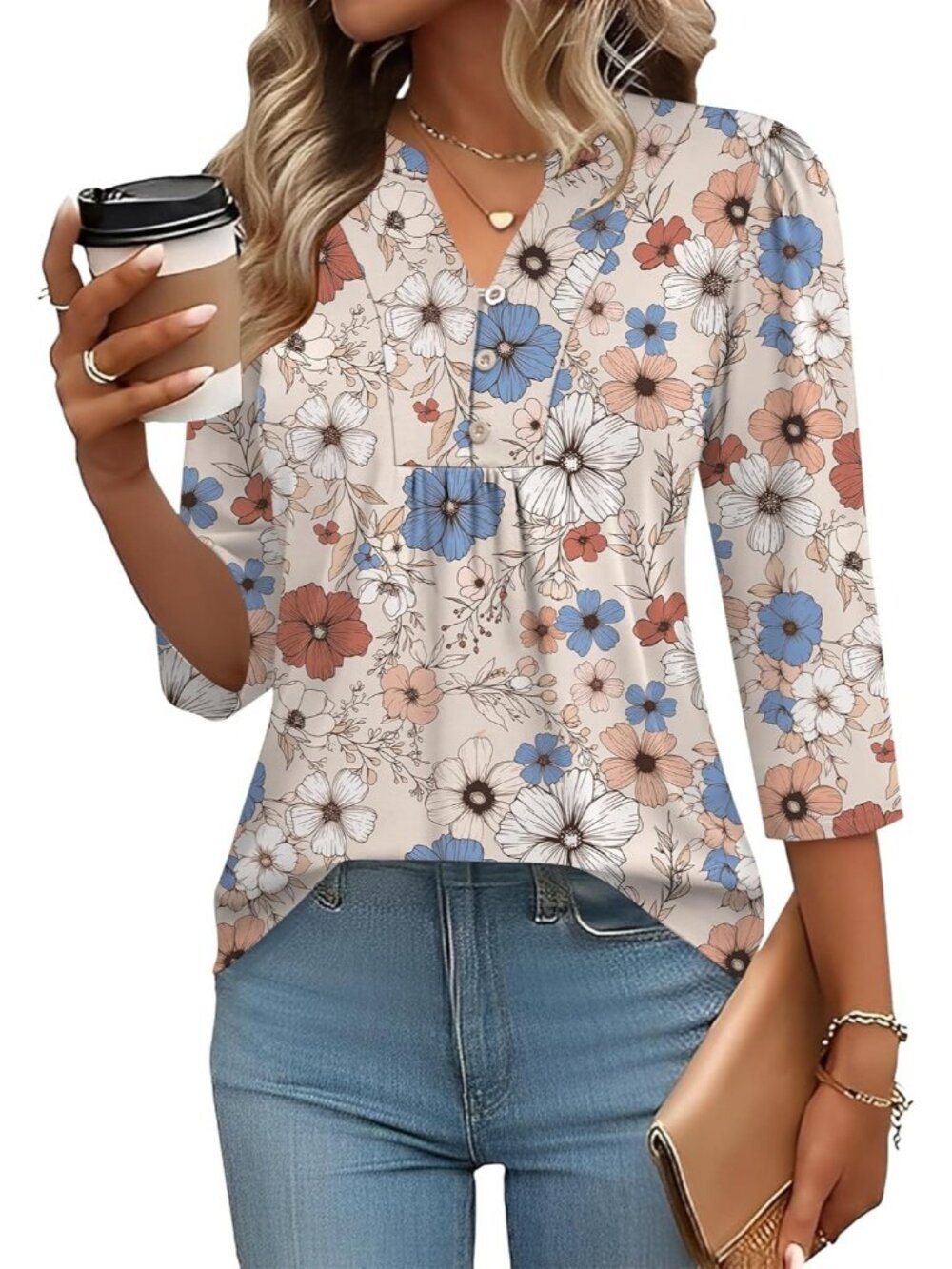 Women's Grey Pattern Long Sleeve Casual Henley V-Neck Floral T-Shirts Loose Fit